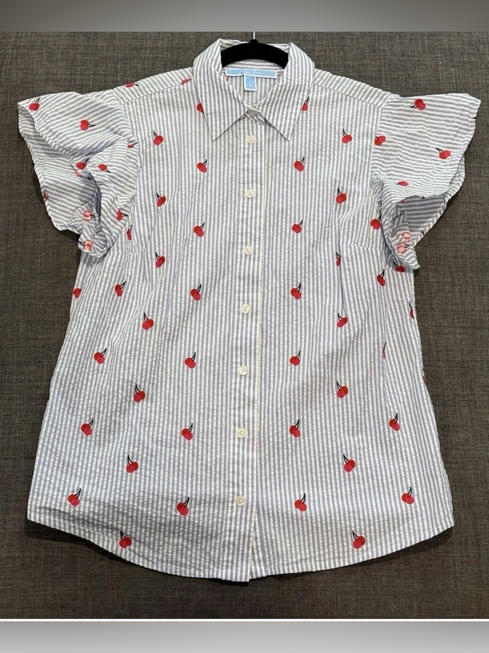 SALE! Draper James Blue & White Seersucker Top with Red Cherry Embroidery